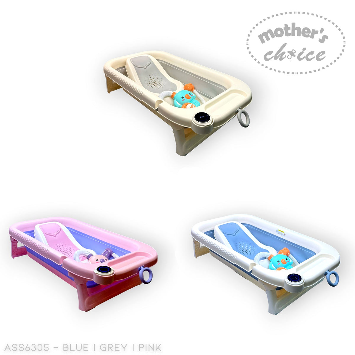 Stork And Baby Mother's Choice large baby baths in pink, grey, and blue with integrated smart thermometers and toys.