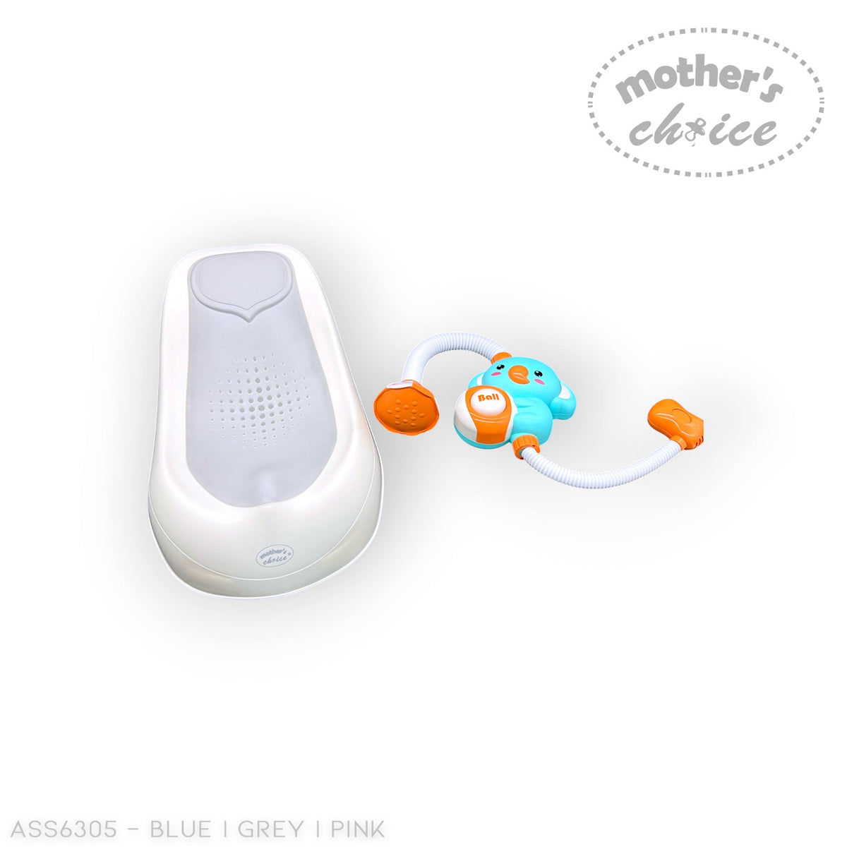 Stork and Baby Mother's Choice large baby bath in white with a built-in thermometer and a blue duck shower toy.
