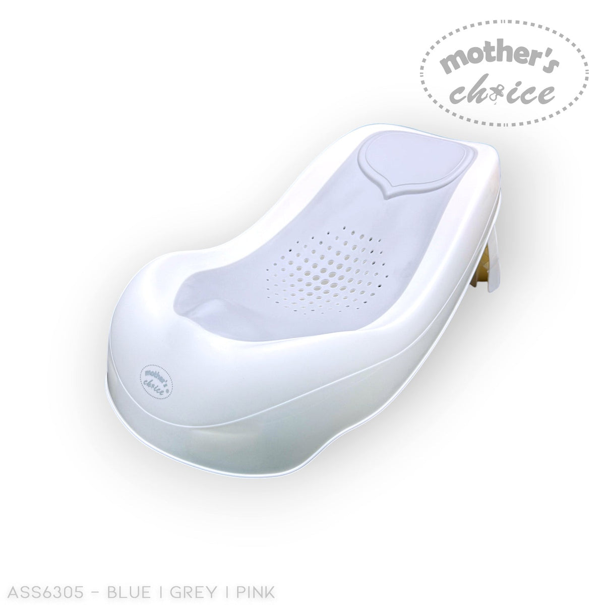 Stork and Baby Mother's Choice large white baby bath with integrated thermometer and ergonomic support seat.
