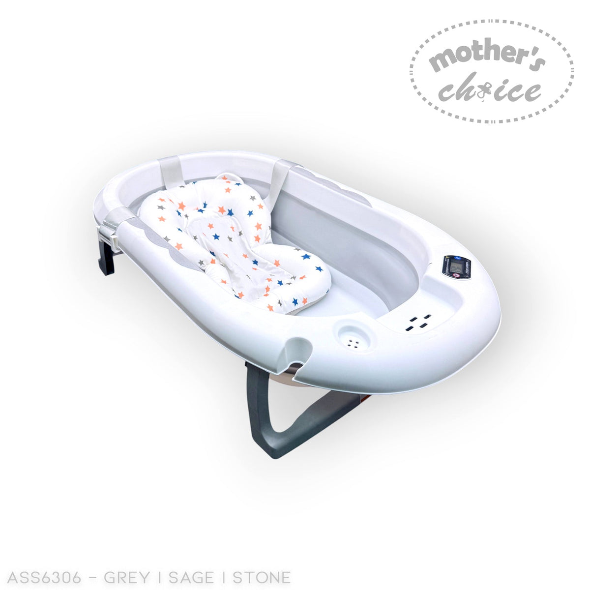 Stork and Baby Mother's Choice large baby bath in grey with a star-patterned support cushion and digital thermometer.