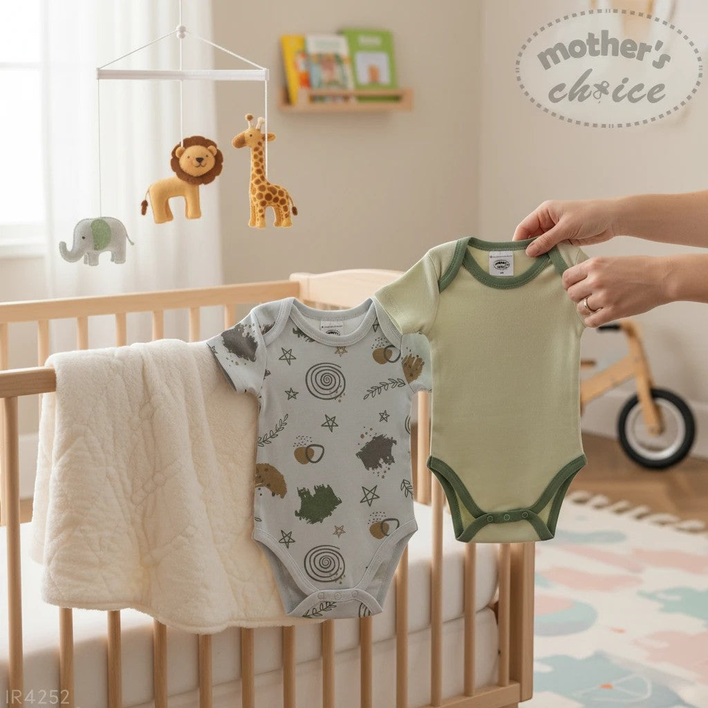 Stork And Baby Mothers Choice 2 pack newborn rompers in mint art print and light green, soft cotton for baby.