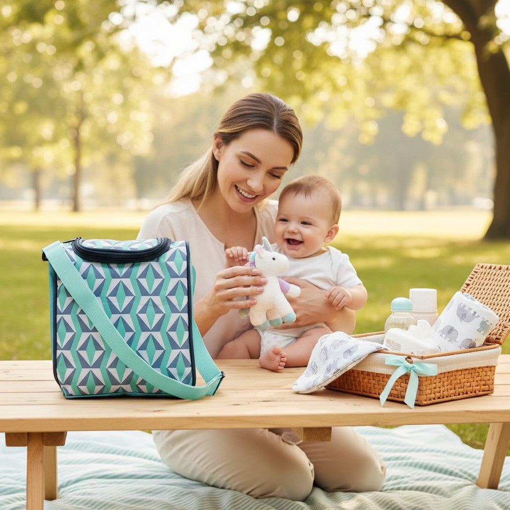 Stork And Baby Mothers Choice insulated bottle warmer bag in mint geo pattern, perfect for travel.