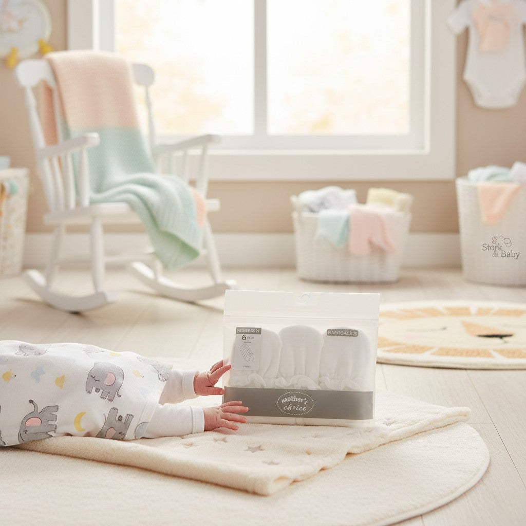 Stork And Baby Mothers Choice 6 pack newborn white baby mittens made of soft cotton to protect delicate skin.