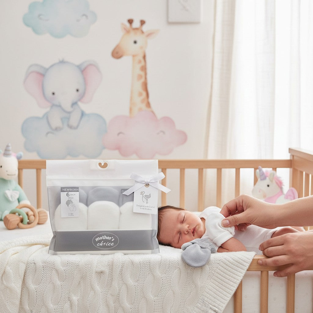 Stork And Baby Mothers Choice 6 Pack Newborn Mittens in white and grey, made of soft cotton for delicate skin.