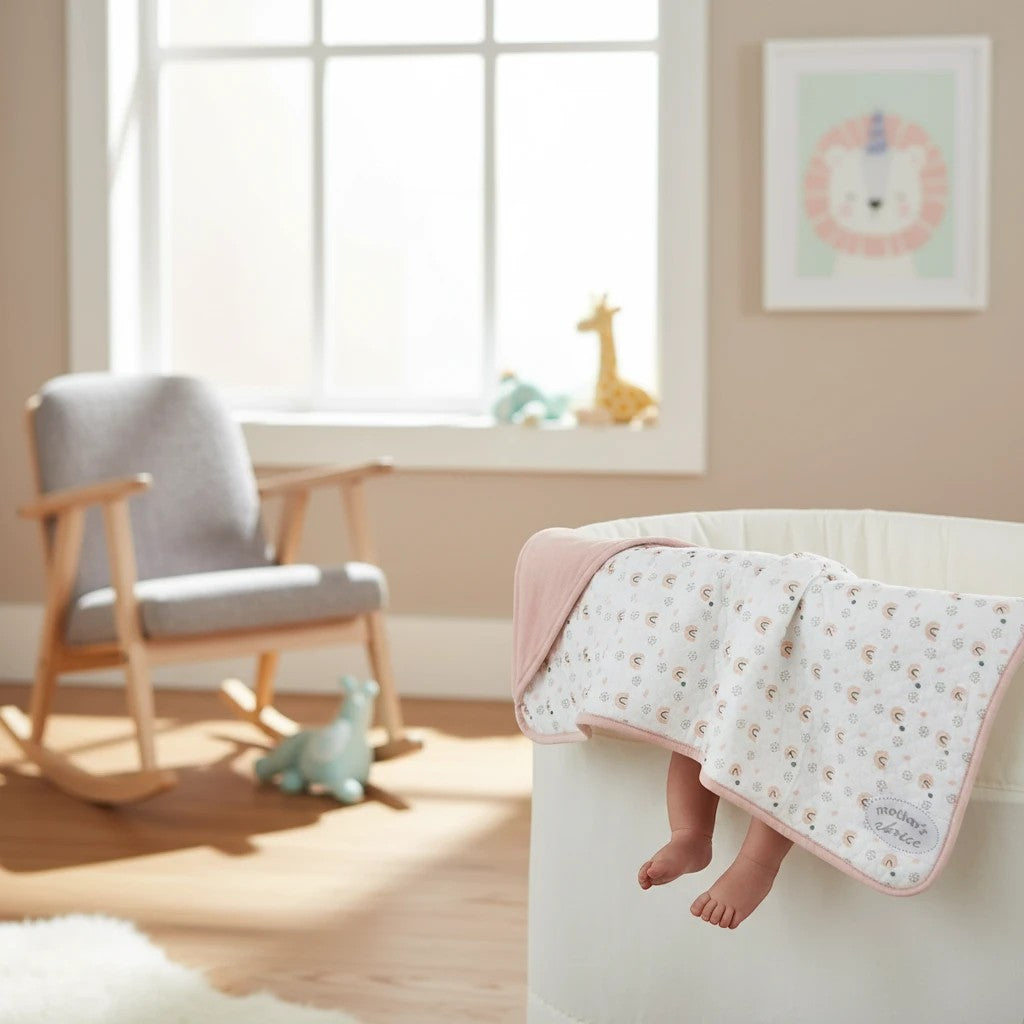 Stork And Baby Mothers Choice pink/stone rainbow quilted cotton hooded blanket for baby.