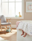 Stork And Baby Mothers Choice pink/stone rainbow quilted cotton hooded blanket for baby.