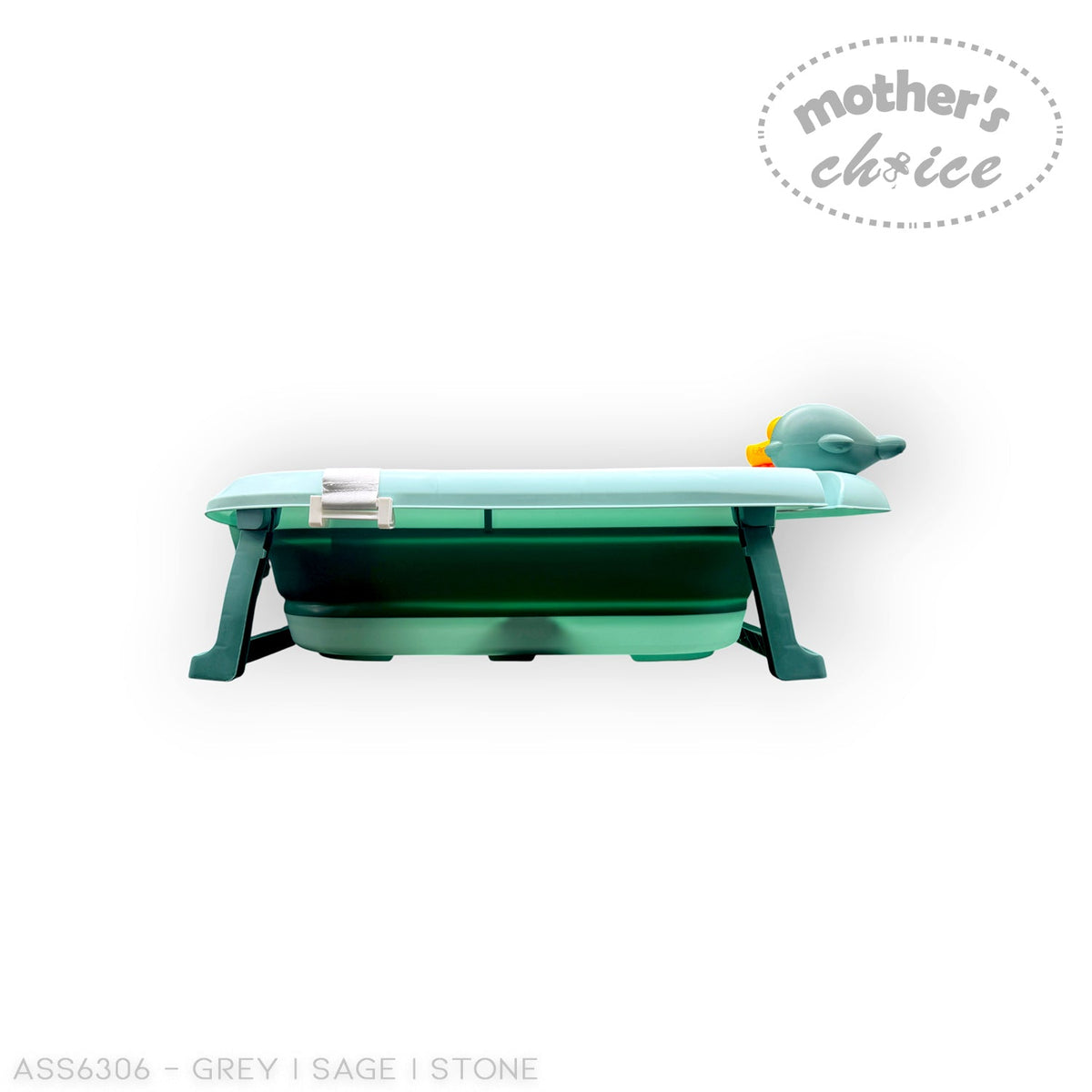 Stork and Baby Mother's Choice large sage green collapsible baby bath with an attached duck toy for sensory play.