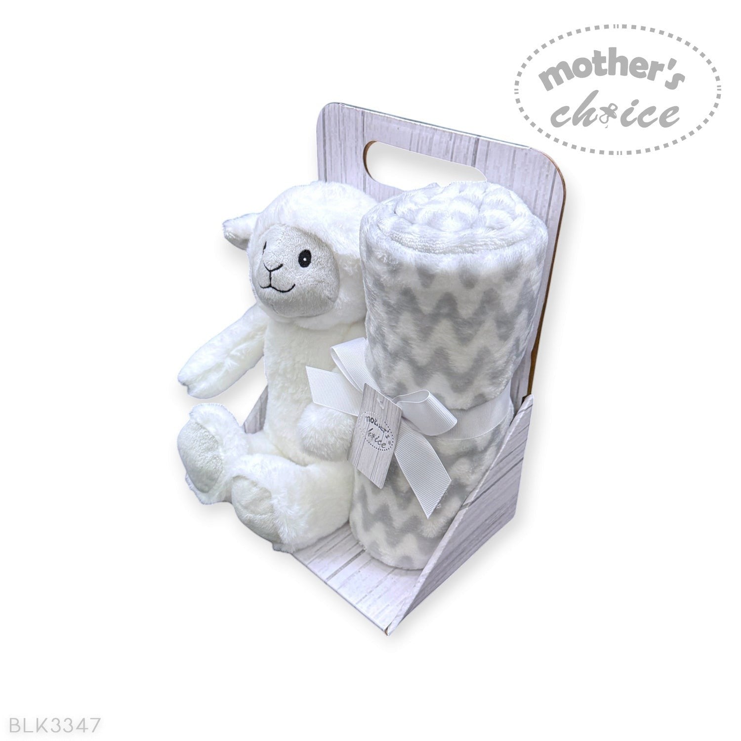 Stork And Baby Mothers Choice baby gift set featuring a plush white sheep toy and a grey chevron coral fleece blanket
