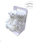 Stork And Baby Mothers Choice baby gift set featuring a plush white sheep toy and a grey chevron coral fleece blanket