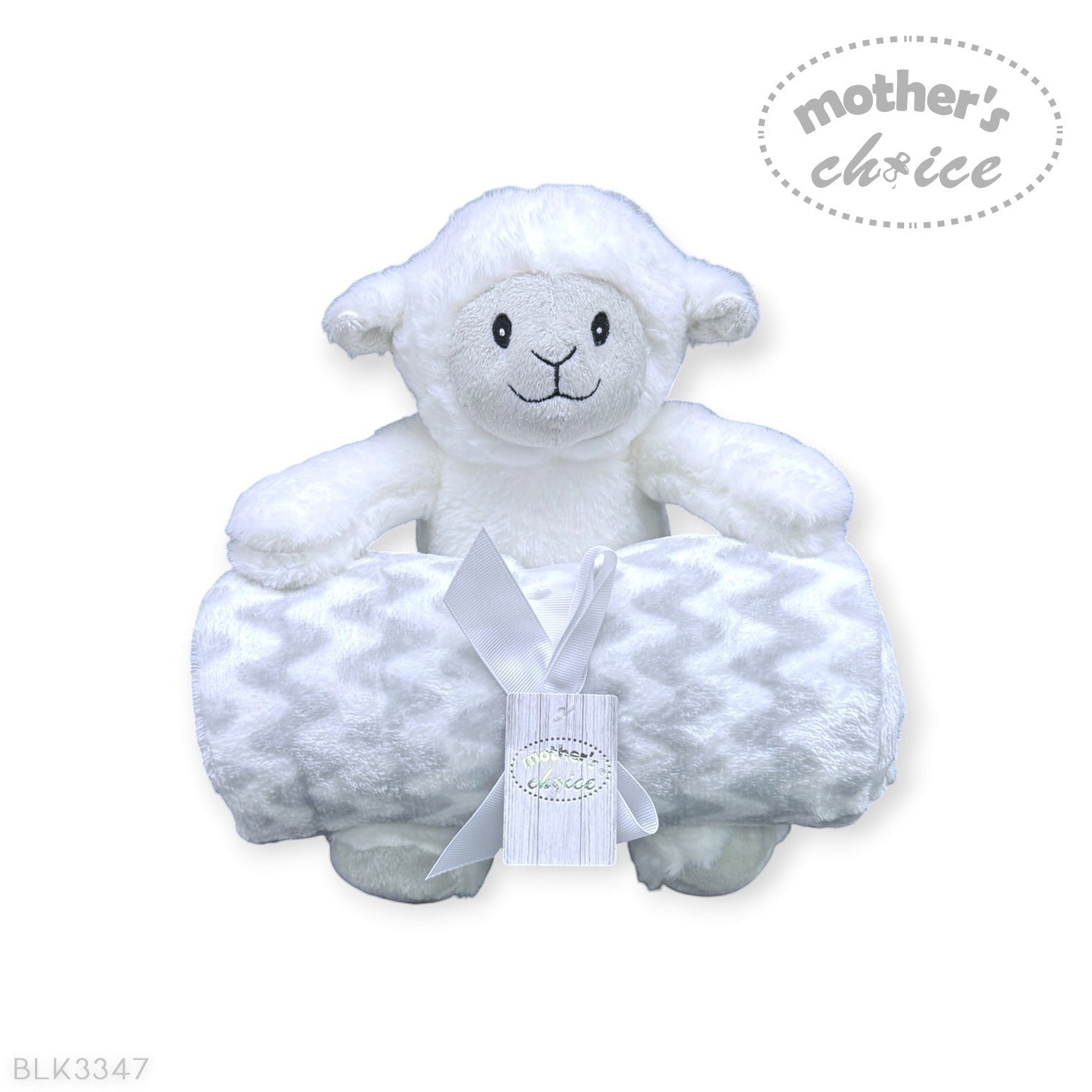 Stork And Baby Mothers Choice white sheep plush toy holding a soft grey and white chevron coral fleece baby blanket.