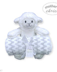 Stork And Baby Mothers Choice white sheep plush toy holding a soft grey and white chevron coral fleece baby blanket.