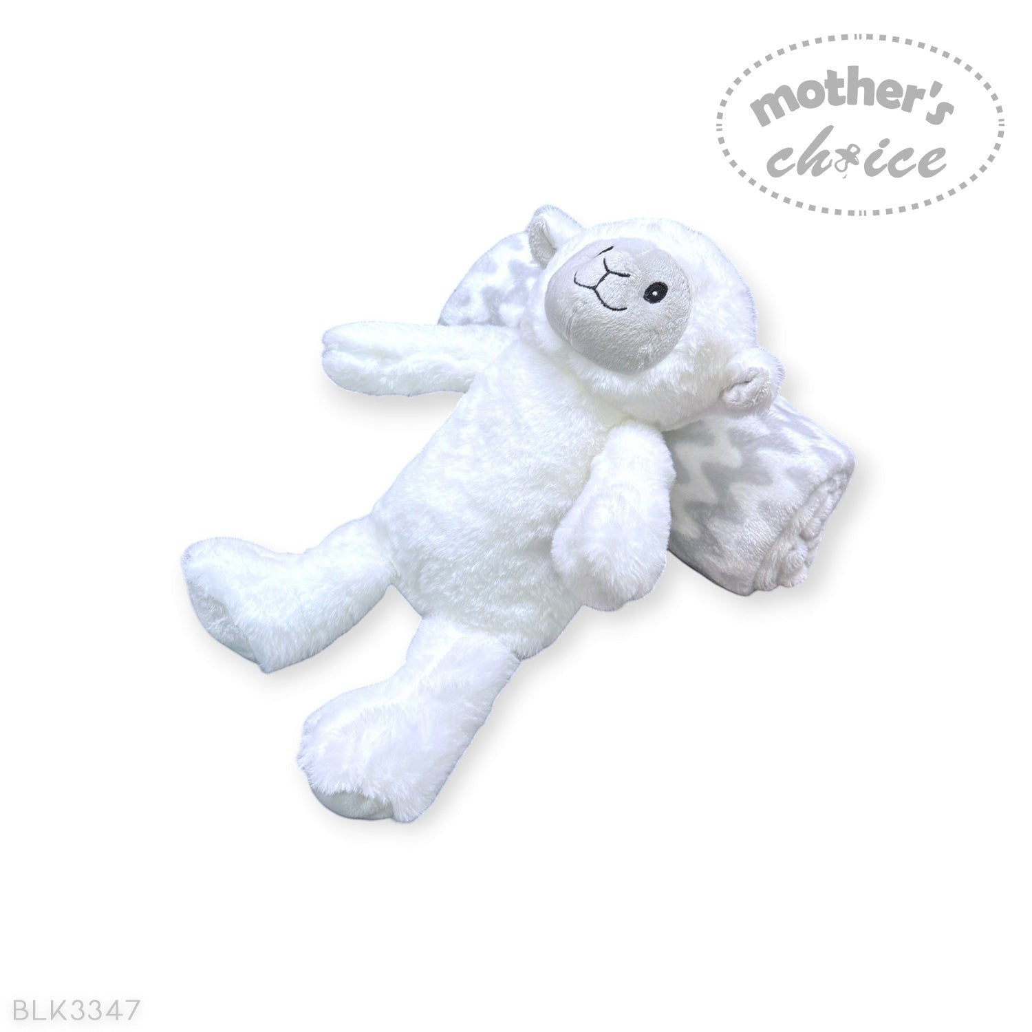 Stork And Baby Mothers Choice plush white sheep toy and soft grey patterned coral fleece baby blanket set