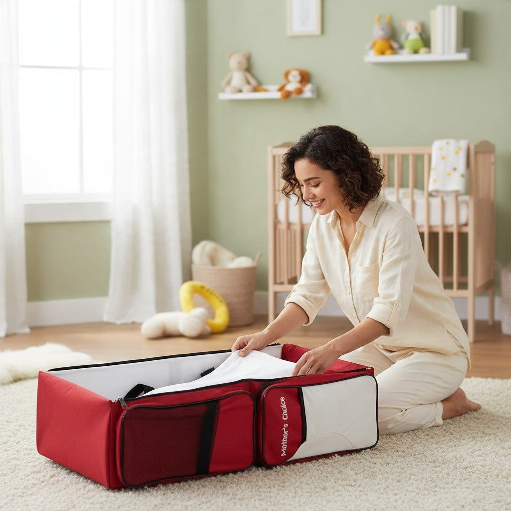 Stork And Baby Mothers Choice 3-in-1 travel bed and diaper bag in red and white, set up in a nursery for a baby.