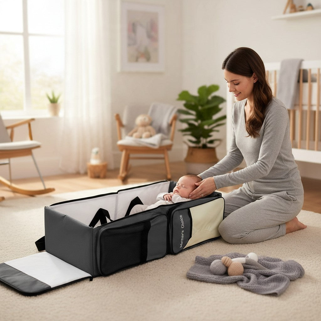 Stork And Baby Mothers Choice 3-in-1 travel bag and portable baby bed with a mother caring for her sleeping infant