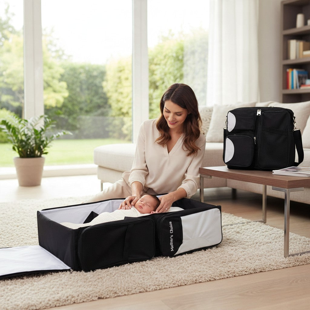 Stork And Baby Mothers Choice 3-in-1 travel bag unfolded as a portable baby bed with a sleeping infant in a living room