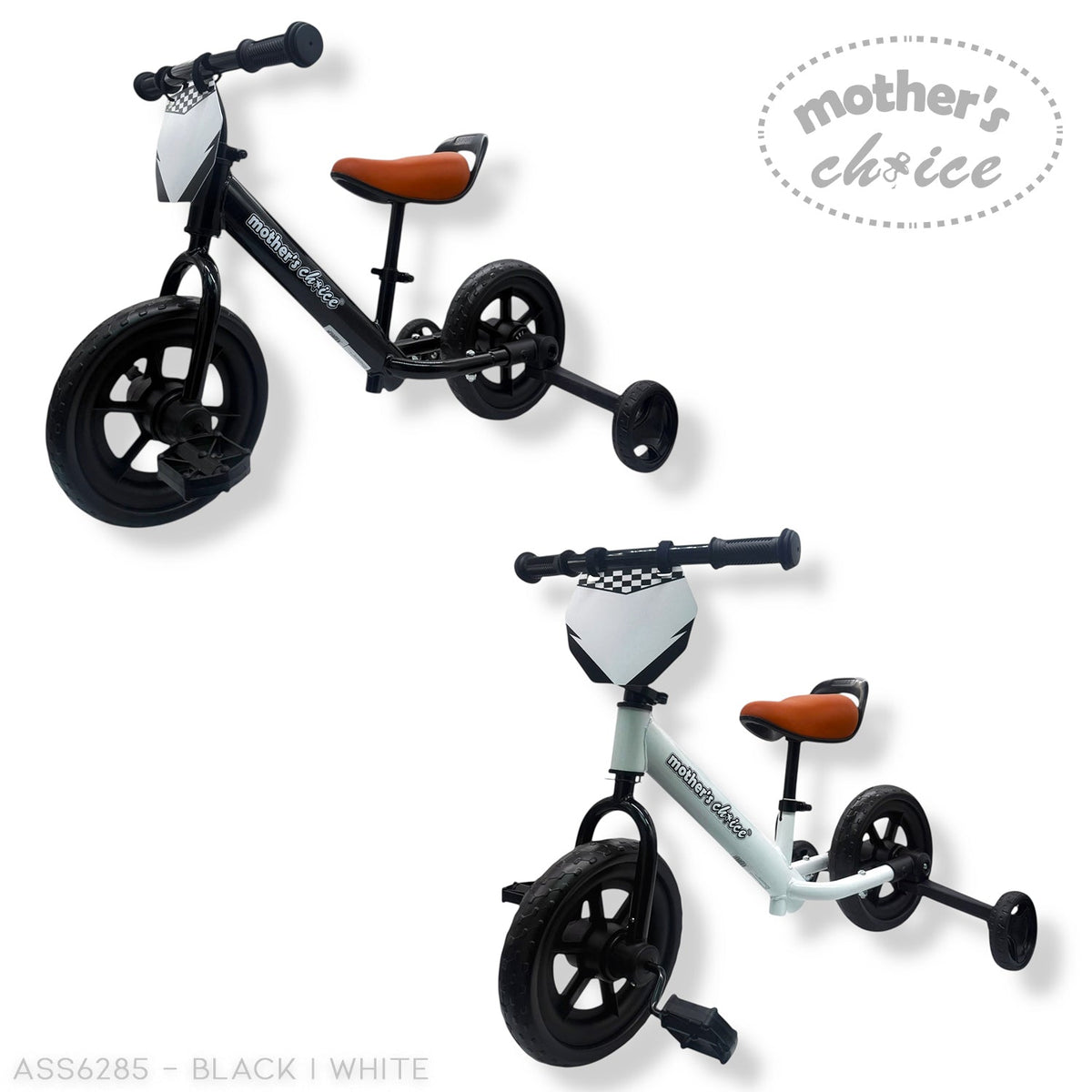 Stork And Baby Mothers Choice tricycles in black and white with brown seats and removable training wheels.