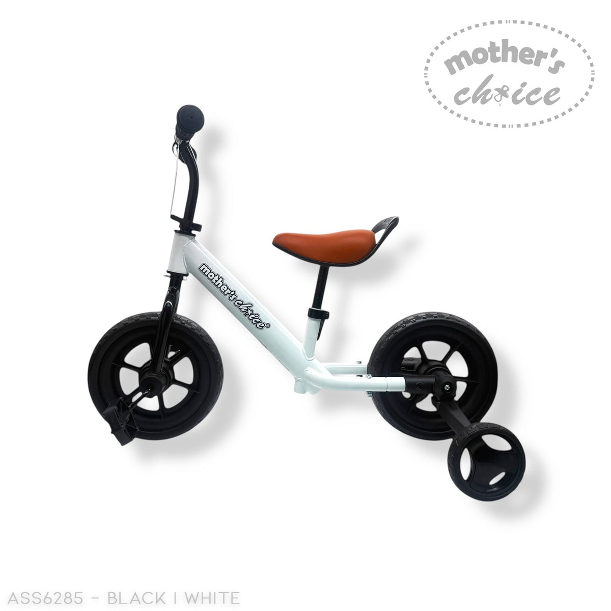 Stork And Baby Mothers Choice tricycle in white and black with a brown seat and training wheels for toddlers.