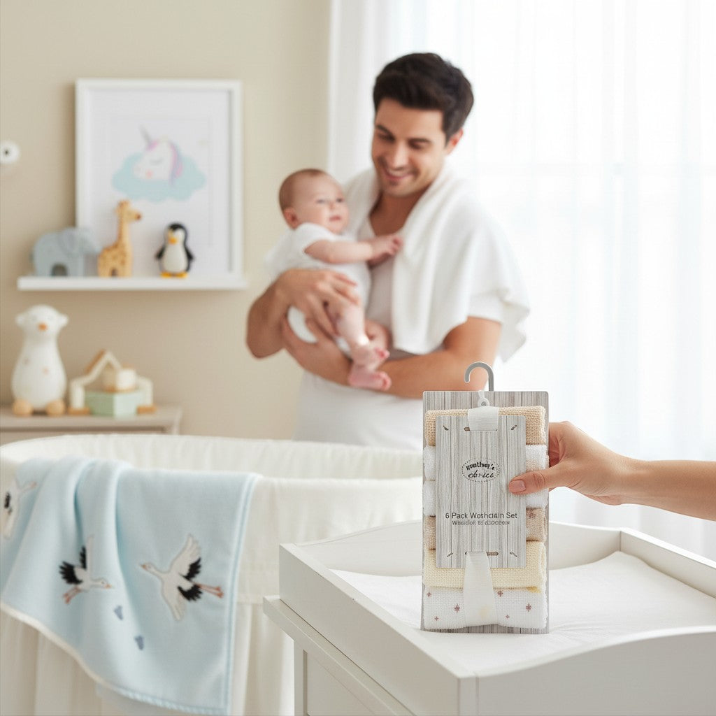 Stork And Baby Mothers Choice 6 pack washcloths in stone and white with moon designs. Gentle &amp; absorbent.