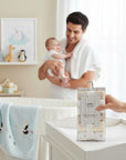 Stork And Baby Mothers Choice 6 pack washcloths in stone and white with moon designs. Gentle & absorbent.