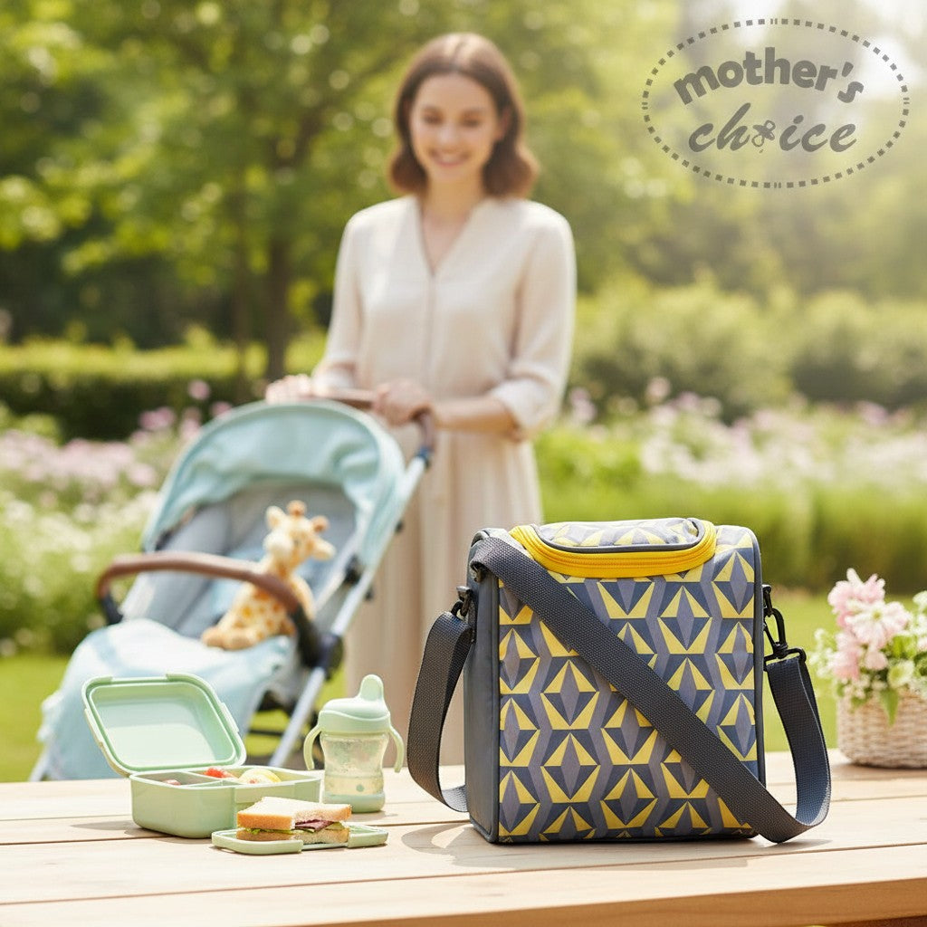 Stork And Baby Mothers Choice Yellow Geo insulated bottle warmer bag with grey strap, perfect for travel.