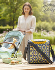 Stork And Baby Mothers Choice Yellow Geo insulated bottle warmer bag with grey strap, perfect for travel.