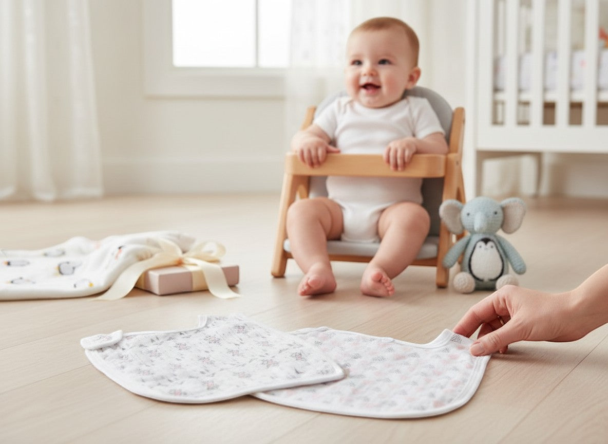 Stork And Baby 2 pack muslin bibs with a delicate pink floral pattern and white trim. Lightweight and breathable.
