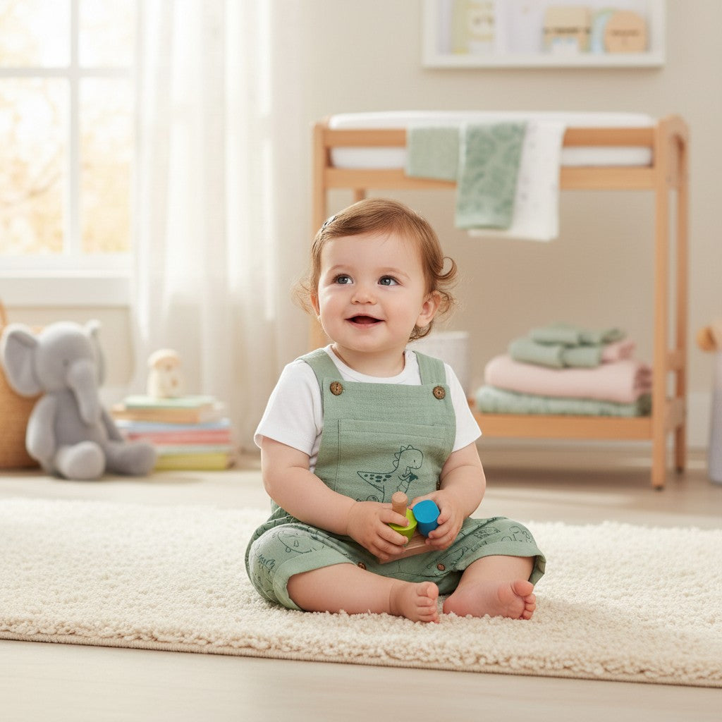 Stork And Baby light green muslin dungaree set with dinosaur print for baby boy, featuring wooden buttons and a white t-shirt.