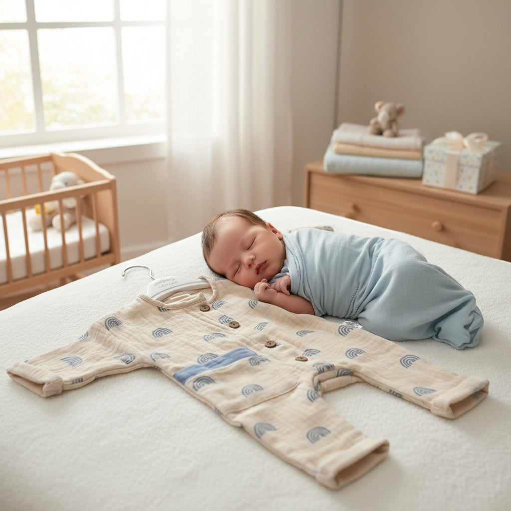 Stork And Baby beige muslin romper with blue rainbow print and button closure, on a bed next to a sleeping baby.