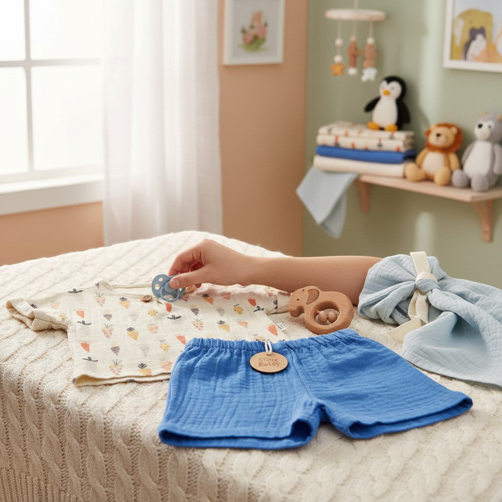 Stork And Baby beige 2-piece muslin set with carrot print top and blue shorts. Includes wooden toy.