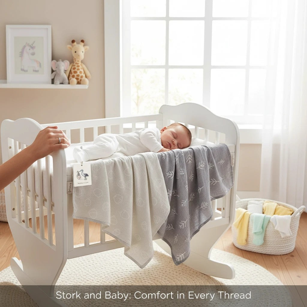 Stork and Baby grey and white 2pk muslin wraps made from bamboo and cotton. Features tree and circle prints.
