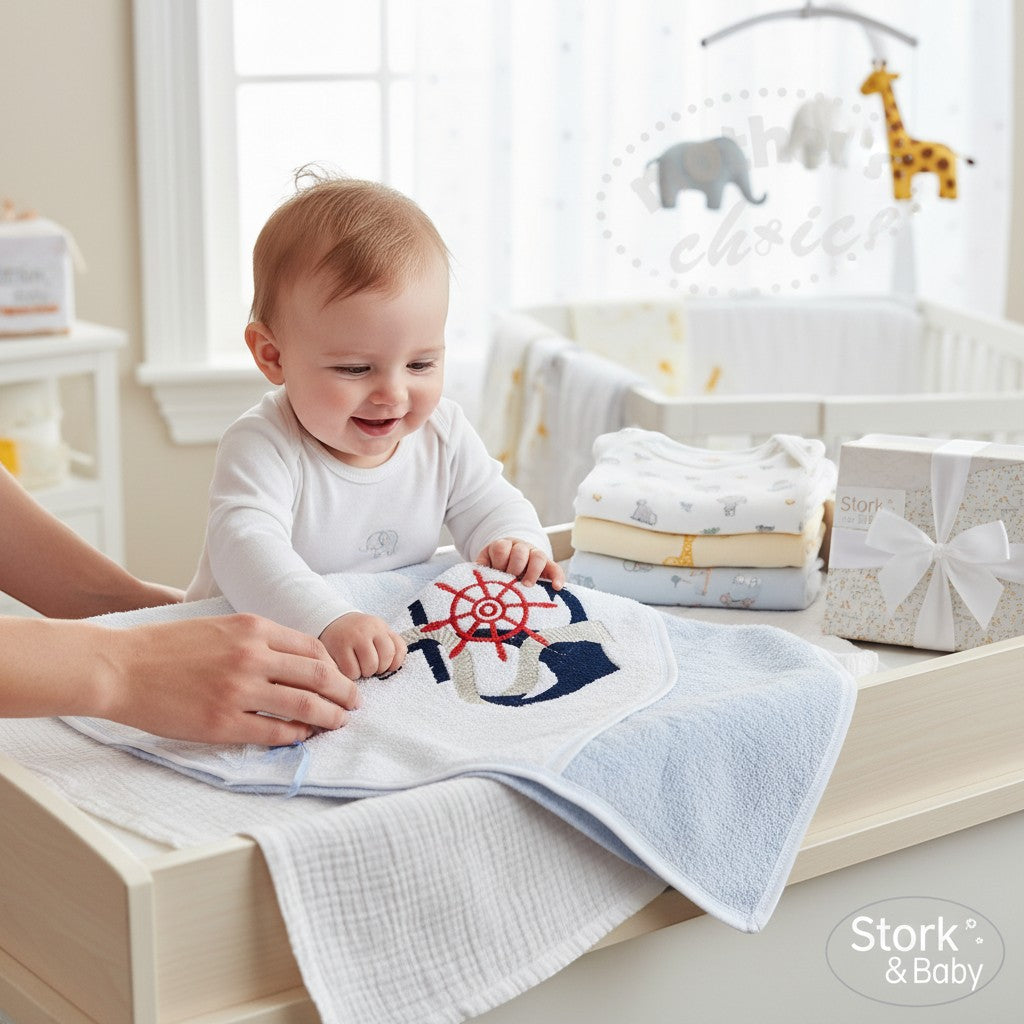 Stork &amp; Baby nautical hooded towel and facecloth set in white and light blue with embroidered ship wheel and anchor.