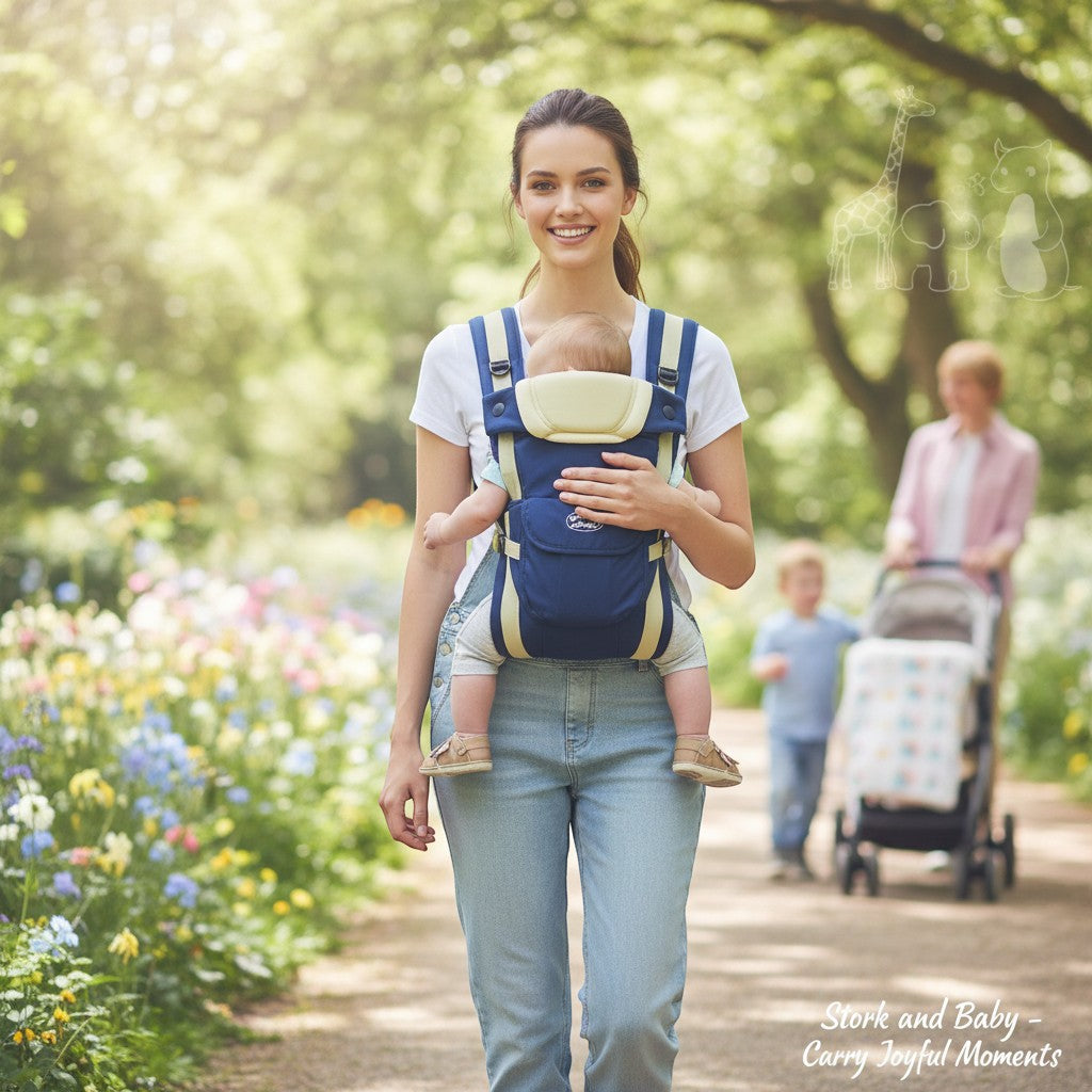 Stork and Baby navy 4-way baby carrier with adjustable straps, worn by a woman walking outdoors.
