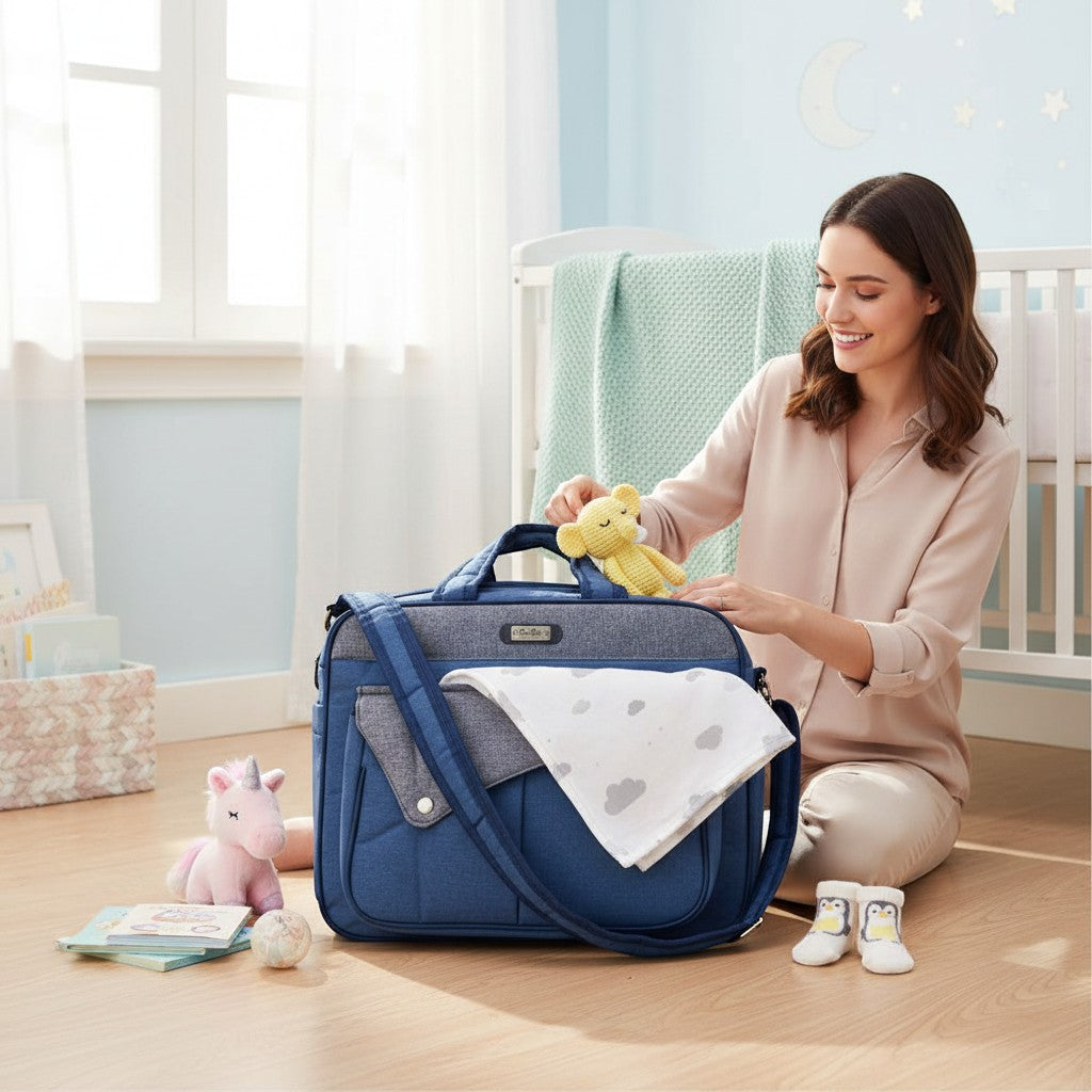 Stork And Baby Navy Combo Nappy Bag with multiple compartments and organized storage. A woman is placing a yellow toy bear on top.