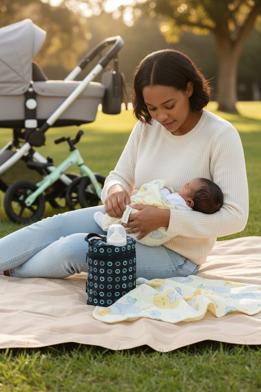 Stork And Baby navy double bottle warmer bag with circular pattern, holding two bottles for travel.