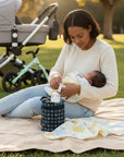Stork And Baby navy double bottle warmer bag with circular pattern, holding two bottles for travel.
