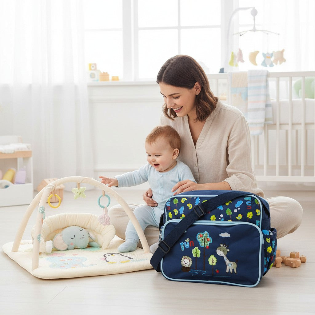 Stork And Baby navy nappy bag with fun animal print, multiple compartments, and adjustable strap. A mother holds her baby on a play mat.
