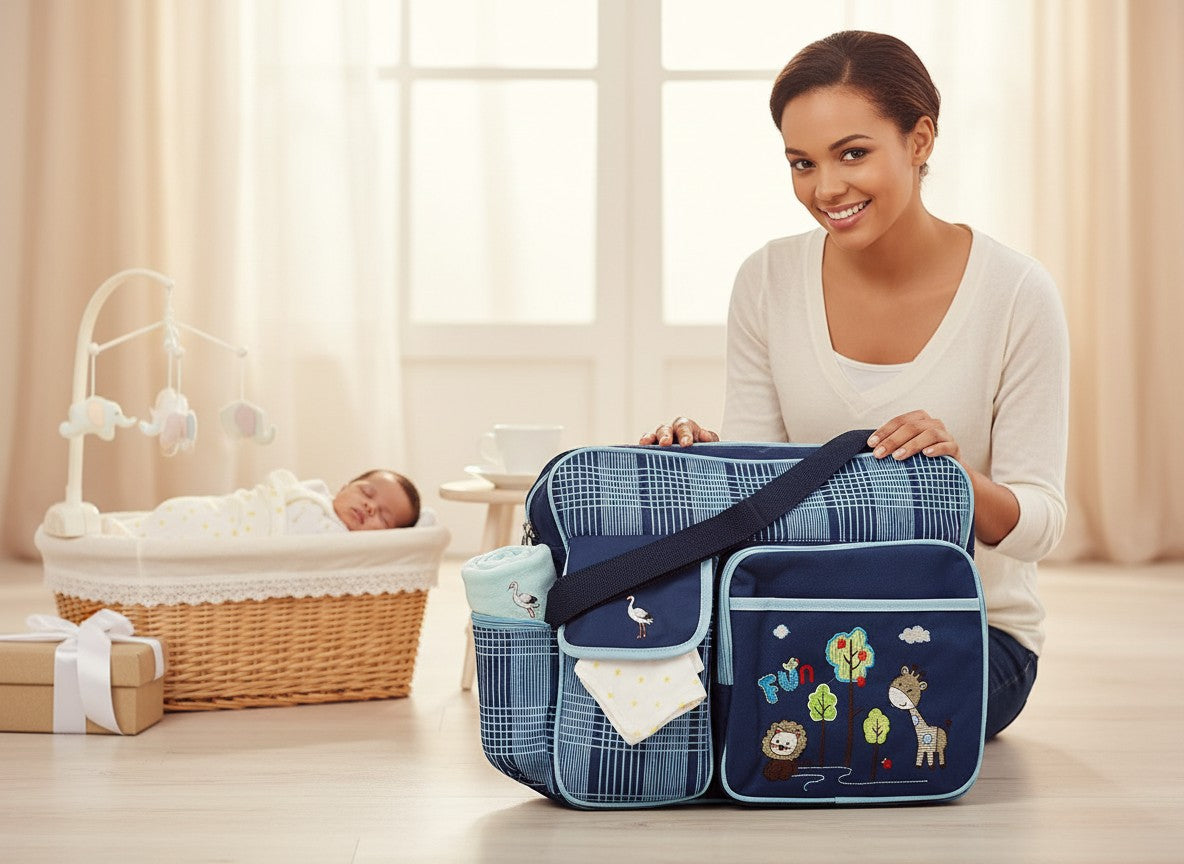 Stork And Baby Mothers Choice Navy Nappy Bag Fun with embroidered animals and trees, spacious compartments, and adjustable strap.