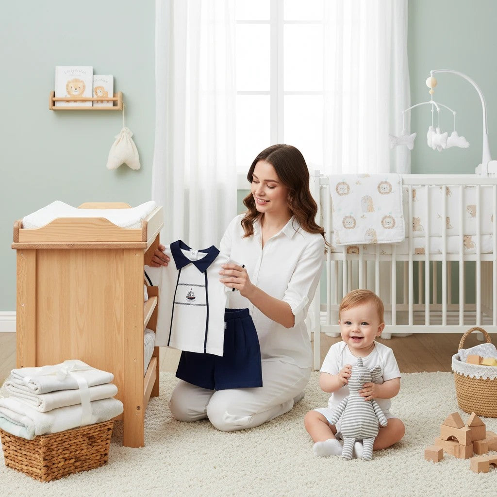 Stork And Baby navy and white 2-piece sailor outfit for boys, featuring a sailboat embroidery.
