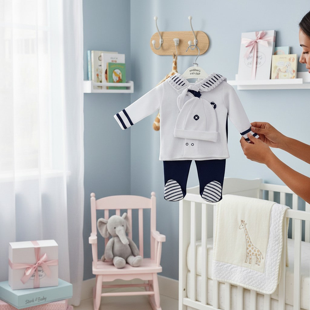 Stork And Baby white and navy sailor 5-piece infant set with hat, pants, and footies. Soft cotton blend.