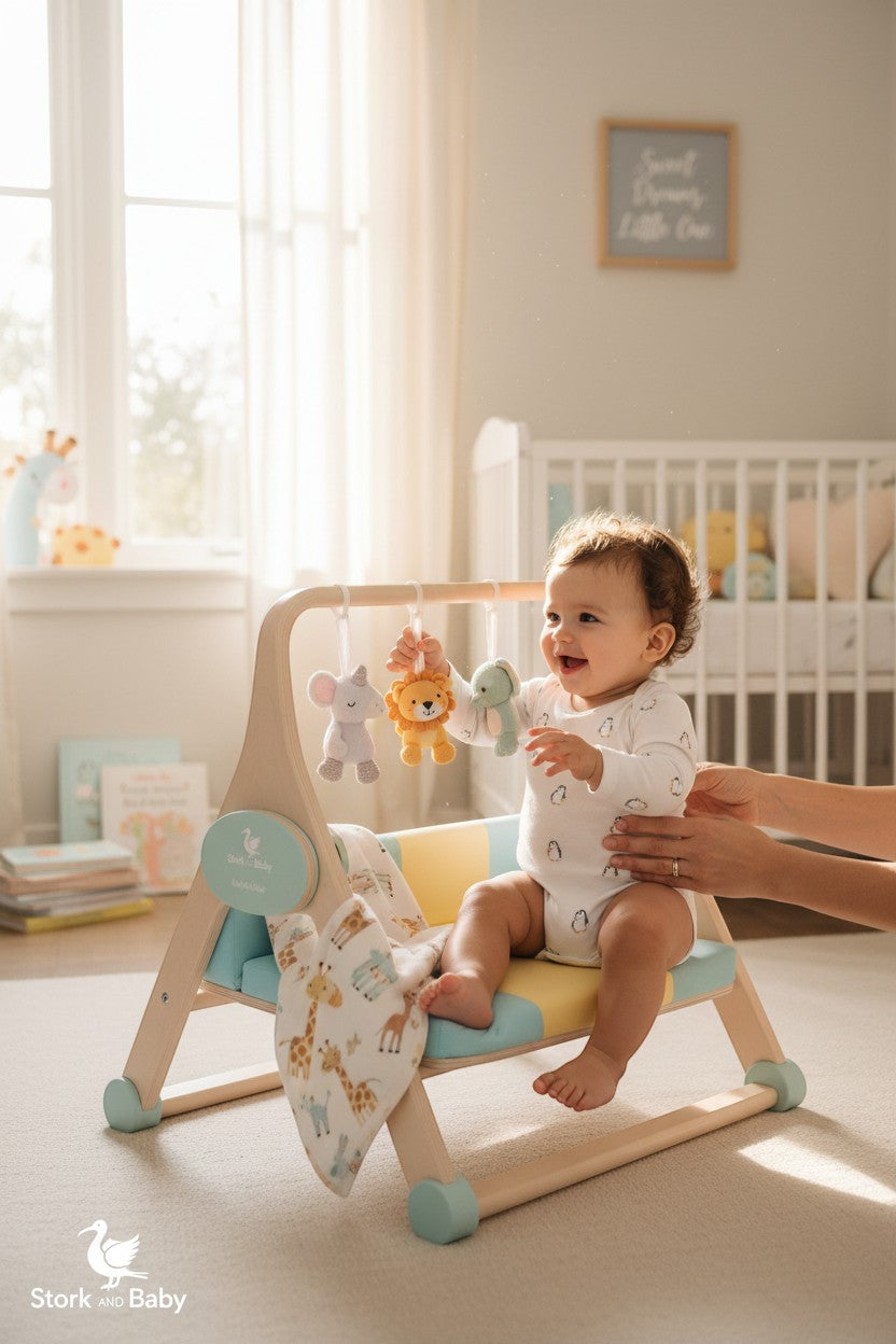 Stork And Baby navy walking trainer with a happy baby sitting and playing with hanging toys. Supports early steps.