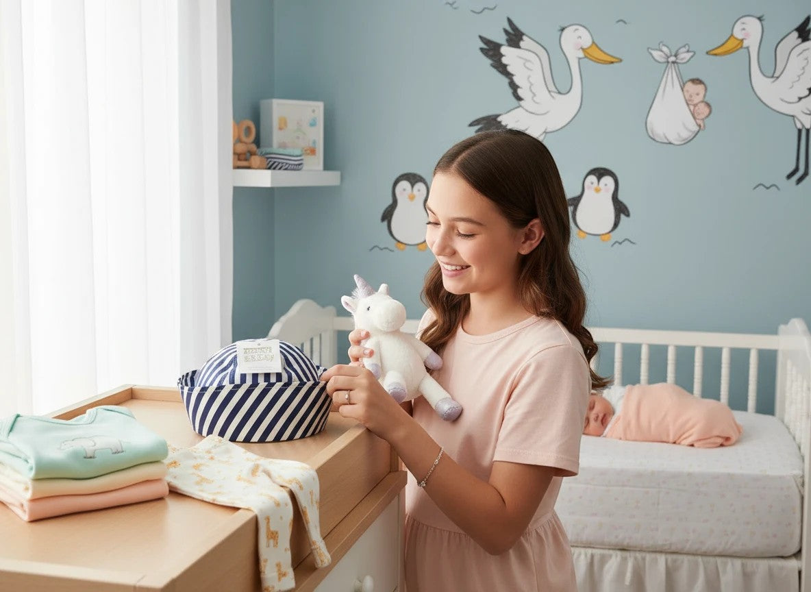 Stork And Baby navy and white striped dough boy hat for infants, soft and comfortable for everyday wear.