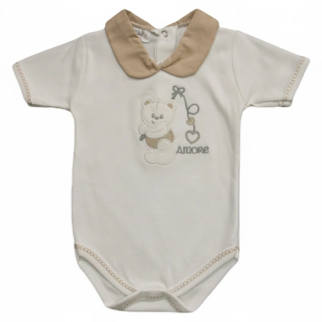 Stork And Baby neutral 100% combed cotton baby romper with teddy bear and "Amore" embroidery.