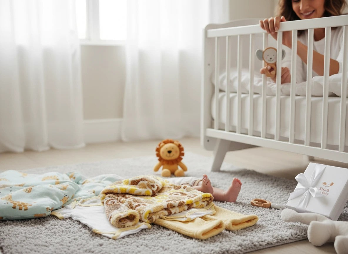 Stork And Baby 3 piece neutral hooded baby outfit set with giraffe print and soft yellow terry cloth.