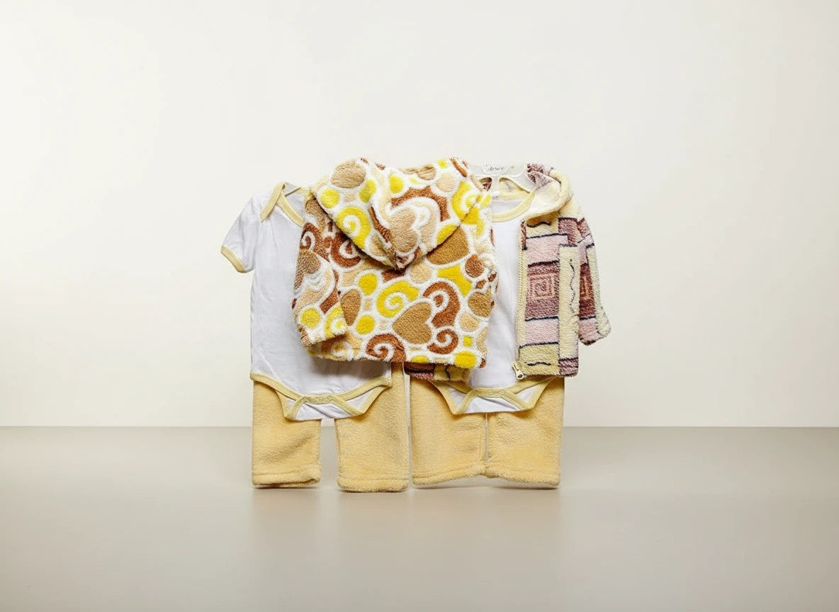 Stork And Baby 3 piece neutral hooded baby set with white bodysuits, yellow pants, and patterned fleece jackets.