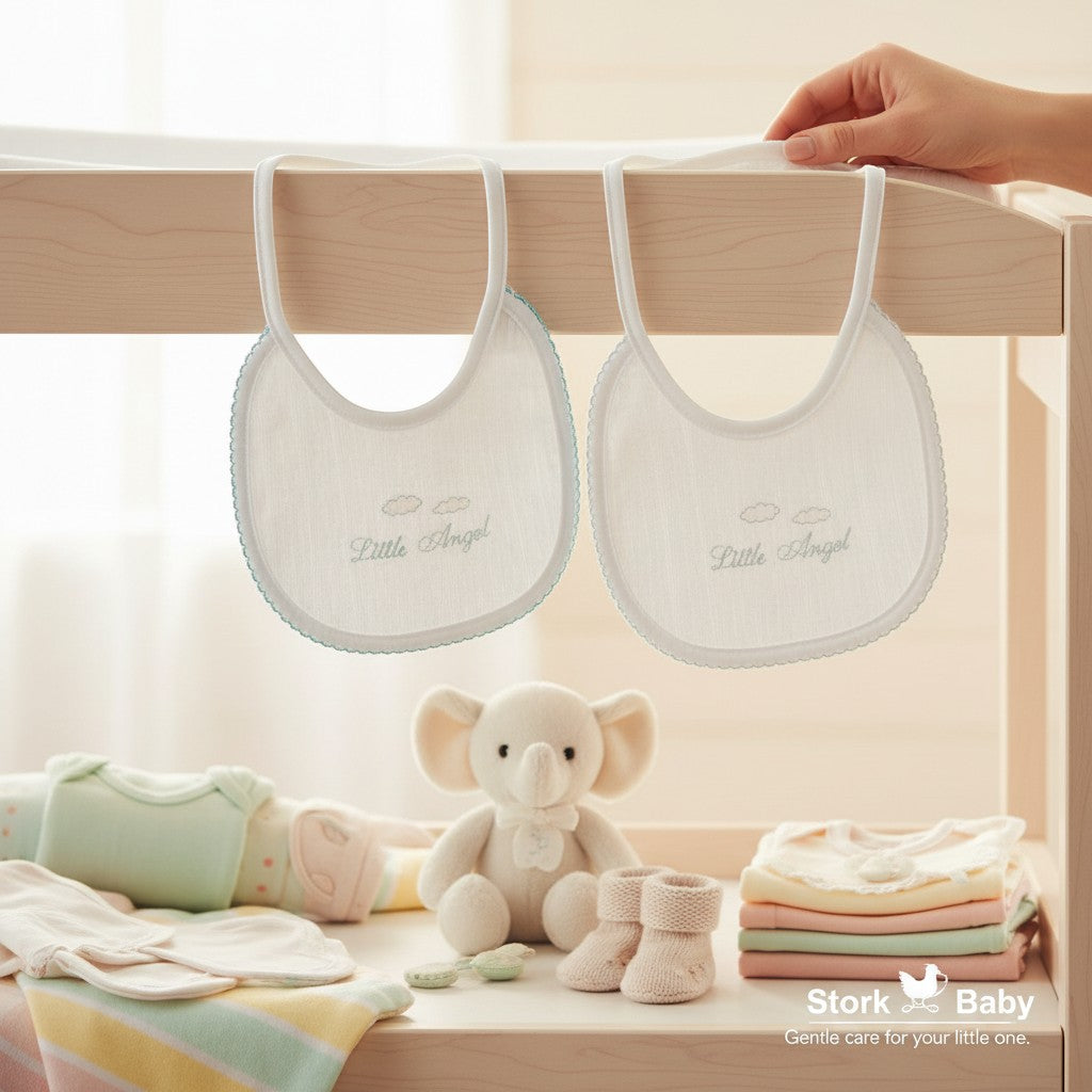 Stork And Baby white cotton bibs with blue trim and "Little Angel" embroidery, perfect for newborns.