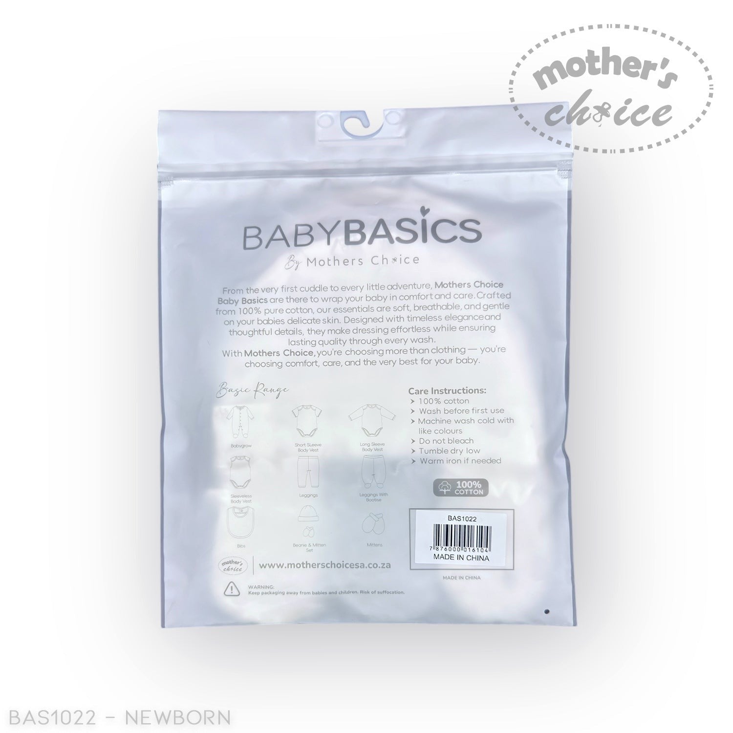 Stork And Baby Mothers Choice 3 pack newborn hats and 3 pack mittens, white cotton, essential baby basics.