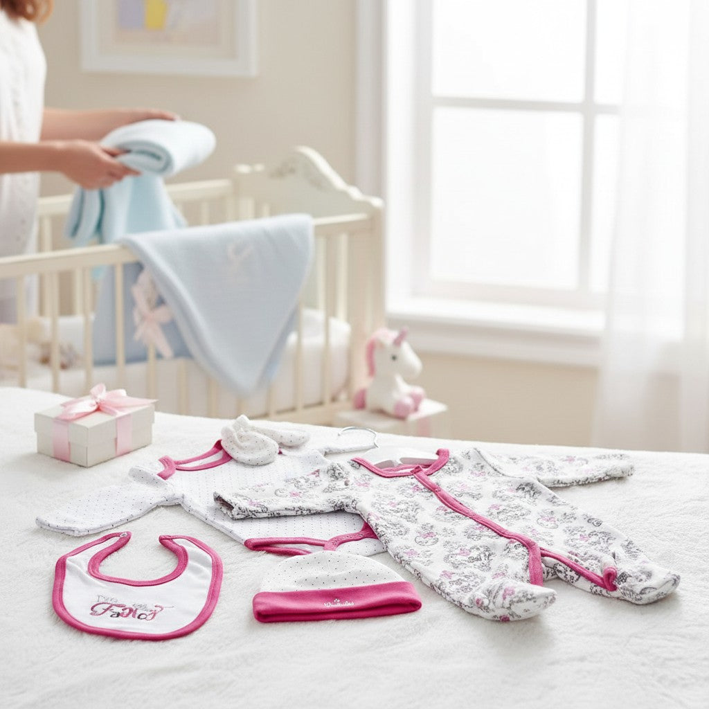 Stork And Baby 5-piece newborn "I'M Fancy" starter pack: onesie, bib, hat, mittens, and blanket. White cotton with pink trim and floral print.