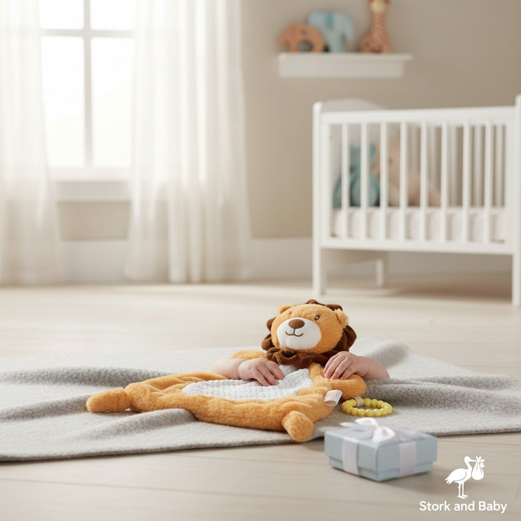 Stork And Baby Mothers Choice Nunu Blanket Lion plush toy with a baby's hands resting on it, on a grey blanket.