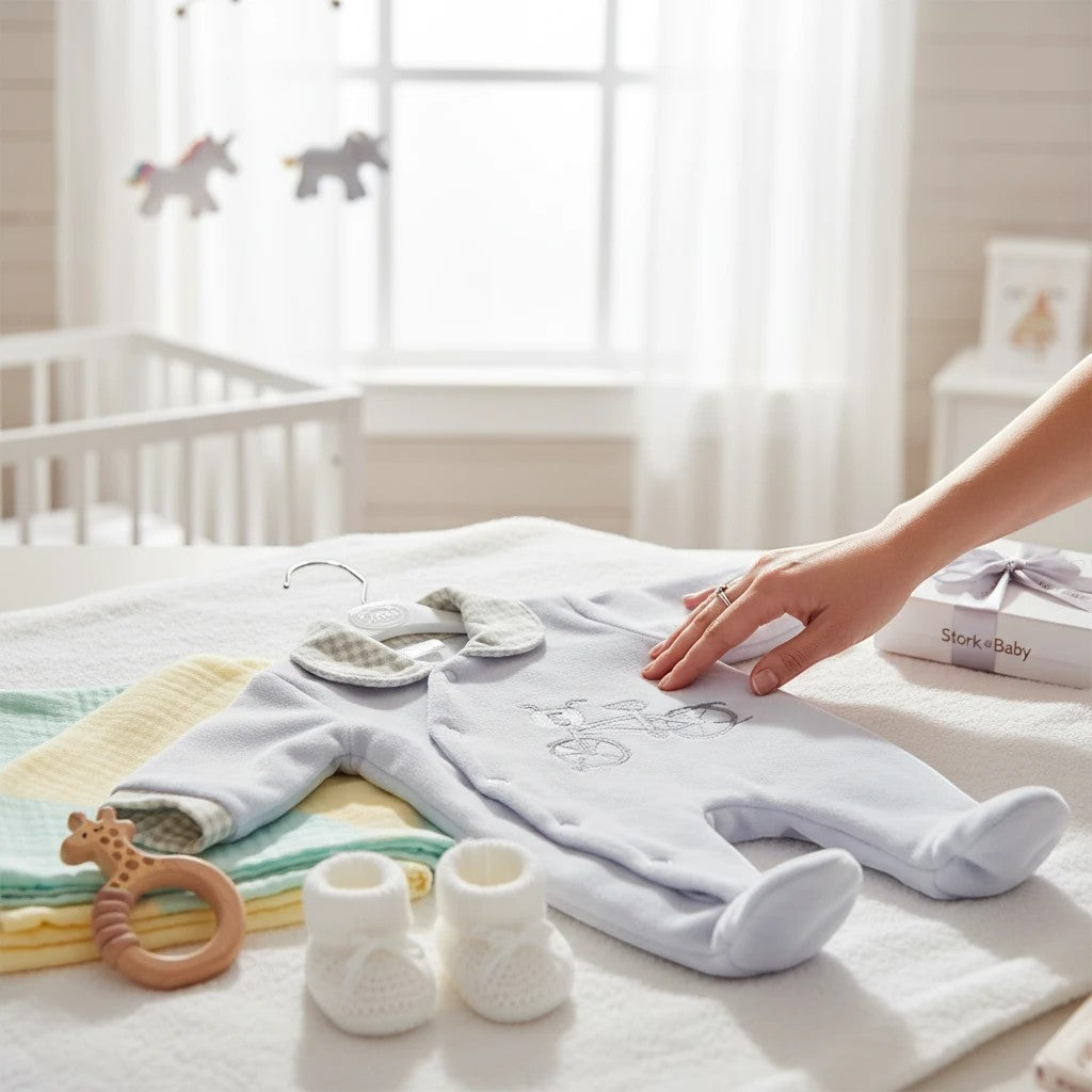 Stork And Baby light blue padded velour baby grower with bicycle embroidery and grey gingham collar.
