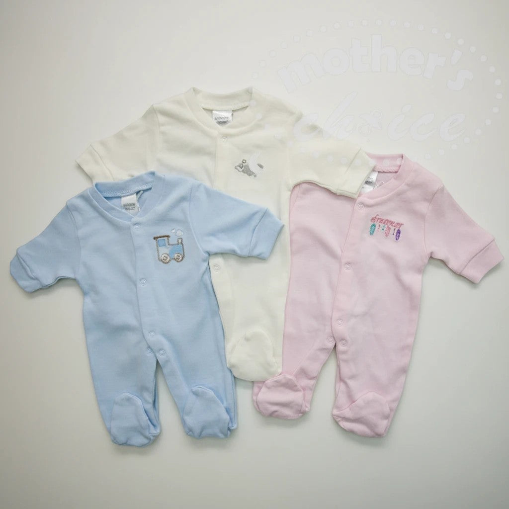 Stork And Baby pastel pink, blue, and cream 100% cotton babygrows with footies. Pink has 'dreamer' embroidery.